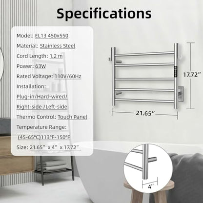 P&Dlusir EL13 Heated Towel Rack, Brushed, 5 Bar | Fast Heat in 2 Min, Smart Timer, Thermo Control, Memory Functoion, Stainless Steel, Hard-Wired/Plug-in - color: Brushed, size: 21.65"W x 17.72"H