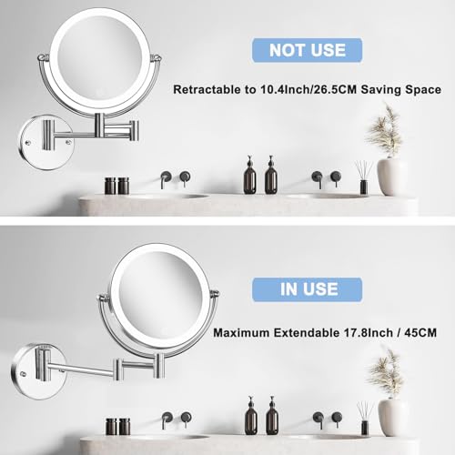 Magnifying Makeup Mirror Wall Mounted with Light, 1X/10X, Hardwired | Double Sided, Touch Switch 3 Color Lighting, Adjustable Brightness, Bathroom Extended Swing Arm Vanity Shaving, Brass Chrome - color: Chrome