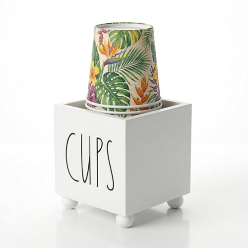Bathroom Cup Dispenser, Farmhouse Dixie Cup Holder, 3 oz 5 oz Paper Mouthwash Cup Storage Box, Wooden Disposable Cup Caddy, Water Dispenser Cup Holder for Countertop (White) - color: White
