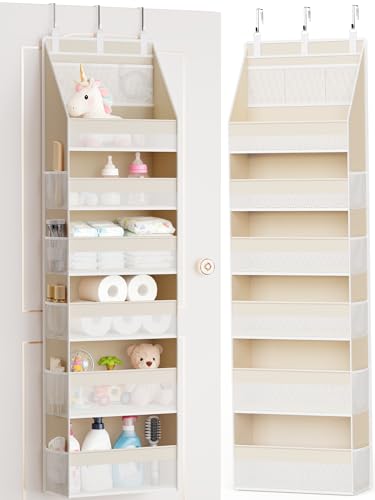 Over the Door Organizer, 6-Shelf Closet Hanging Storage with 13 Mesh Pockets, 55lbs Capacity Behind the Door Storage for Baby Nursery, Bathroom, Bedroom, and Dorm, Beige - color: Beige, size: 1 PACK