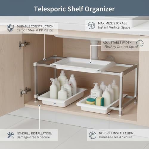 Adjustable Telescopic Cabinet Shelf, Tool-Free Under Sink Organizer Rack, Carbon Steel and PP Plastic Storage Solution for Kitchen and Bathroom - size: 9.84 x 5.91 x 0.98 in