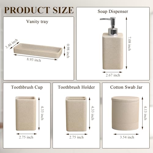Bathroom Accessories Set, 6 Piece Soap Dispenser Set - Sand Beige | Bathroom Set with Toothbrush Holders, Soap Dispenser, Vanity Tray, Tumbler, Cotton Swab Jars, Bathroom Organizer and Storage - color: Beige