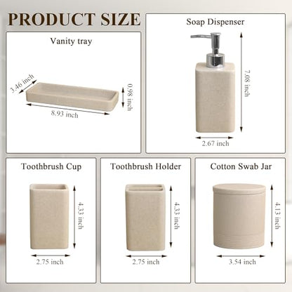 Bathroom Accessories Set, 6 Piece Soap Dispenser Set - Sand Beige | Bathroom Set with Toothbrush Holders, Soap Dispenser, Vanity Tray, Tumbler, Cotton Swab Jars, Bathroom Organizer and Storage - color: Beige