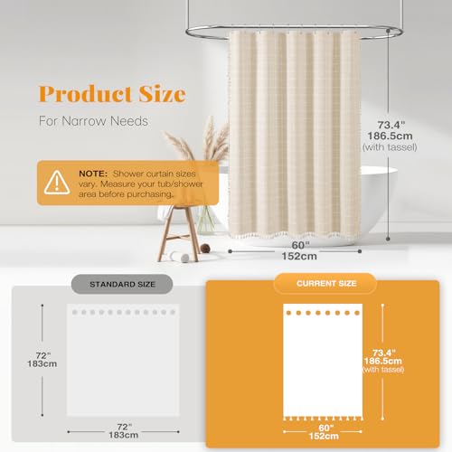 60x72 Boho Farmhouse Linen Heavy Duty Shower Curtain Set, Cream/Beige | Narrow Size, 330GSM Linen Blend, 3-side Tassels, Water Repellent Fabric, 10 Plastic Hooks, Rustic Style, Machine Washable - color: A - Cream, size: 60"W x 72"L (Pack of 1)