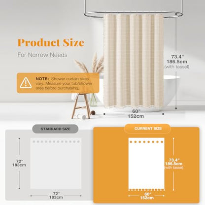 60x72 Boho Farmhouse Linen Heavy Duty Shower Curtain Set, Cream/Beige | Narrow Size, 330GSM Linen Blend, 3-side Tassels, Water Repellent Fabric, 10 Plastic Hooks, Rustic Style, Machine Washable - color: A - Cream, size: 60"W x 72"L (Pack of 1)