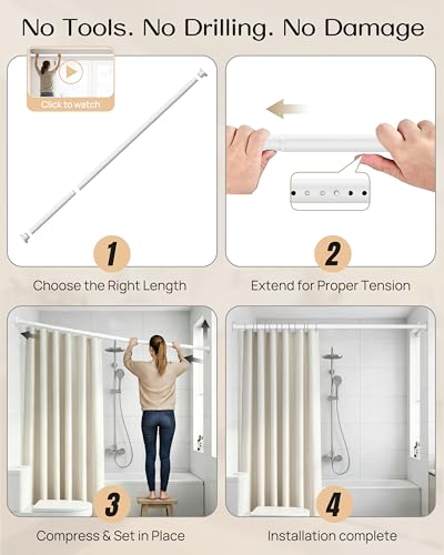 No-Twist Shower Curtain Rod by EZFurni, 42–82 Inch Heavy Duty Tension Rod with Lock-In Stability, No Drill, Spring-Loaded Non-Slip Secure Hold for Bathroom, Window, Closet, 1.26" Diameter, White - color: White, size: 42-82 Inches