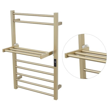 Heated Towel Warmer Rack Electric Bathroom with Voice Control Alexa & Google Home,TUYA Wall-Mounted,Stainless Steel,31.5x19.69x11.61in,Foldable Storage,Plug-in,Brushed Brass,10 Bars - color: Brushed Brass With Wifi & Shelf