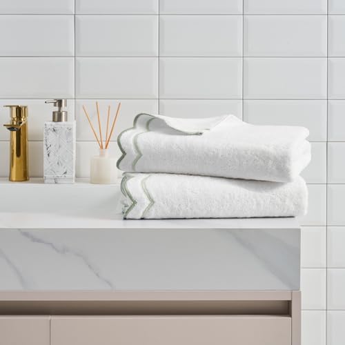 Peri Home 2 Piece Cotton Bath Towel Set, Embroidered, White, Sage Scallop - color: White With Sage Scallop, size: 2 Bath Towel