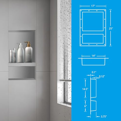 Ready Tile Double Shelf Shower Niche 25" x 17" x 4" Dimensions - Toiletry and Bathroom Niche Storage- Simple Installation with Texture Surface Shower Cubby Double Shelves