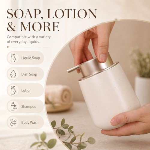 BosilunLife Ceramic Soap Dispenser - Dish Soap Dispenser for Bathroom 12Oz | Refillable Liquid Hand Wash Dispenser for Essential Oil, Lotion Soap, Apricot with Speckle - color: Apricot