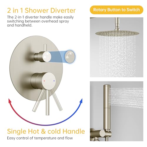 BESy Shower System with 10 Inch Round Rain Shower Head and Handheld Wall Mounted, High Pressure Rainfall Shower Faucet Fixture Combo Set with 2 in 1 Handheld Showerhead for Bathroom, Nickel - color: Nickel