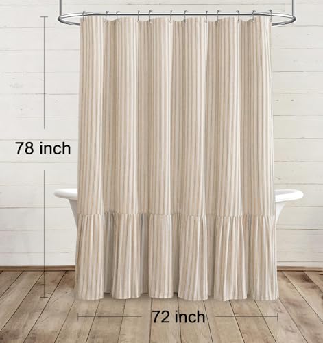 Farmhouse Shower Curtain Ruffle Linen Cream-Beige Stripe 72"W x 78"L | Farmhouse Boho, Striped, Bottom Ruffle, Linen Fabric, Rustic, Country, Natural Look, Washable, for Bathroom Bathtub - color: Cream-beige Stripe, size: 72"W x 78"L