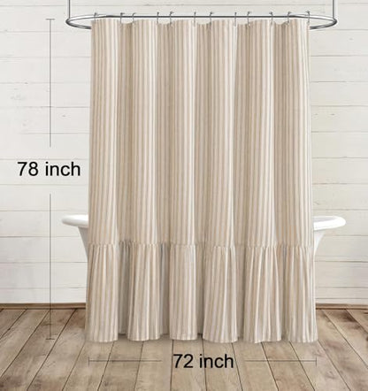 Farmhouse Shower Curtain Ruffle Linen Cream-Beige Stripe 72"W x 78"L | Farmhouse Boho, Striped, Bottom Ruffle, Linen Fabric, Rustic, Country, Natural Look, Washable, for Bathroom Bathtub - color: Cream-beige Stripe, size: 72"W x 78"L