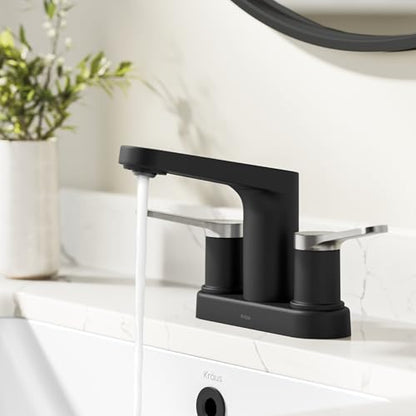 KRAUS Indy Centerset Bathroom Faucet in Spot-Free Brushed Nickel/Matte Black with 2 Handles, Pop Up Drain and Supply Lines, FUS-14102SFBNMB - color: Spot Free Brushed Nickel/Matte Black, style: Centerset