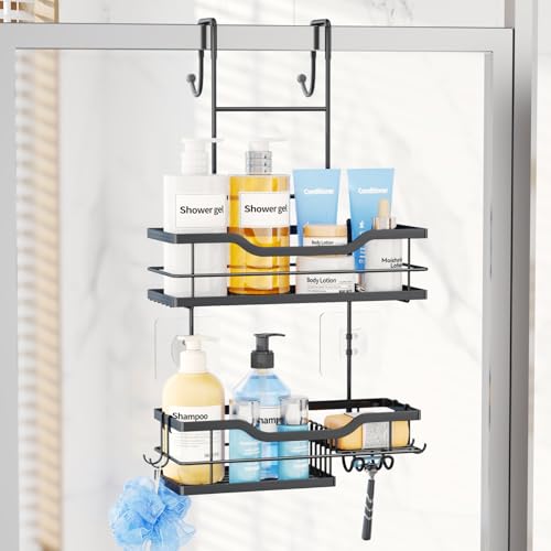 Consumest Over Door Shower Caddy - 2 Tier Shower Shelves Hanging with Soap Holders, Large Capacity Shower Organizer with 4 Hooks, Bathroom Rack and Storage, Black - color: Black, size: 2 Tier