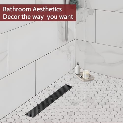 24 Inch Linear Shower Drain, Matte Black Shower Drain, Removable Grate, 304 Stainless Steel, Easy to Install and Clean for Bathrooms (Drain Base Not Included), LSD-15B-24B - size: 24 inch