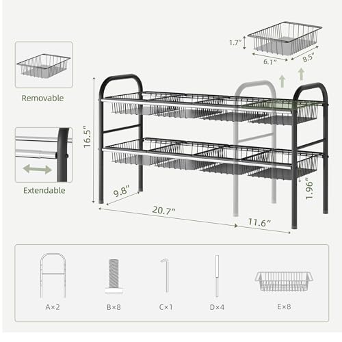 Under Sink Organizers and Storage,Expandable under cabinet organizer Shelf | 2 tier expandable shelf for kitchen and bathroom,8 Baskets,Adjustable partition height,20.7-32.3" W - size: 8 Metal Baskets