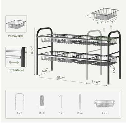Under Sink Organizers and Storage,Expandable under cabinet organizer Shelf | 2 tier expandable shelf for kitchen and bathroom,8 Baskets,Adjustable partition height,20.7-32.3" W - size: 8 Metal Baskets