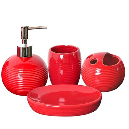 Red Bathroom Accessories Set,4 Pcs Ceramic Bath Accessory Sets Includes Soap Dispenser, Toothbrush Holder, Tumbler and Soap Dish,Bathroom Countertop Organizer Set for Home Apartment