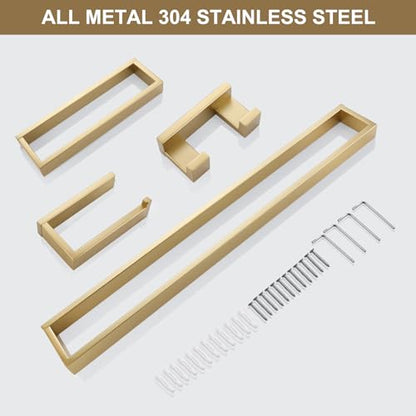 Lairuier Brushed Gold Bathroom Hardware Accessories, 4PCS Towel Bar Set | Including Towel Bar, Towel Holder, Toilet Paper Holder, Towel Hook, SUS304 Stainless Steel Bathroom Towel Holder Hardware Set - color: Brushed Gold, size: Set B