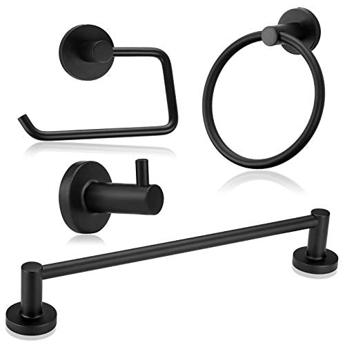 4 Piece Bathroom Accessories Set (Single Towel Bar, Towel Ring, Toilet Paper Holder, Double Towel Hooks), Wall Mounted Bath Hardware Accessory Fixtures Set - color: Matte Black Holder- 4