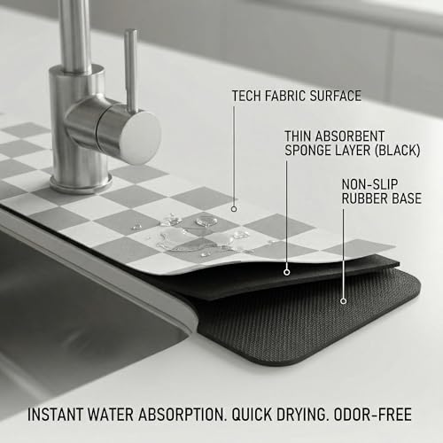 Cuttable Faucet Mat for Kitchen Sink: 30"Lx5.5"W DIY to Fit Irregular Sink with 2 & 3 Holes or Soap Dispenser - Customizable Checkered Absorbent Sink Splash Guard & Bathroom Counter Protector - size: 6" x 2'6"