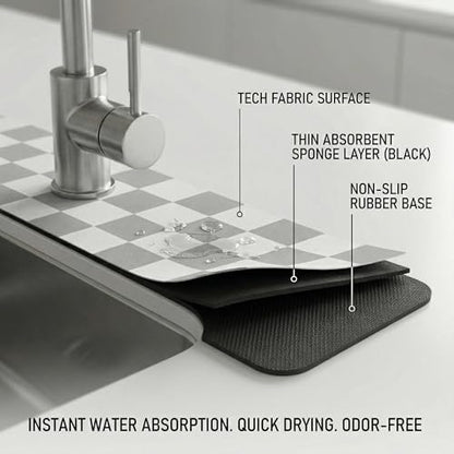 Cuttable Faucet Mat for Kitchen Sink: 30"Lx5.5"W DIY to Fit Irregular Sink with 2 & 3 Holes or Soap Dispenser - Customizable Checkered Absorbent Sink Splash Guard & Bathroom Counter Protector - size: 6" x 2'6"