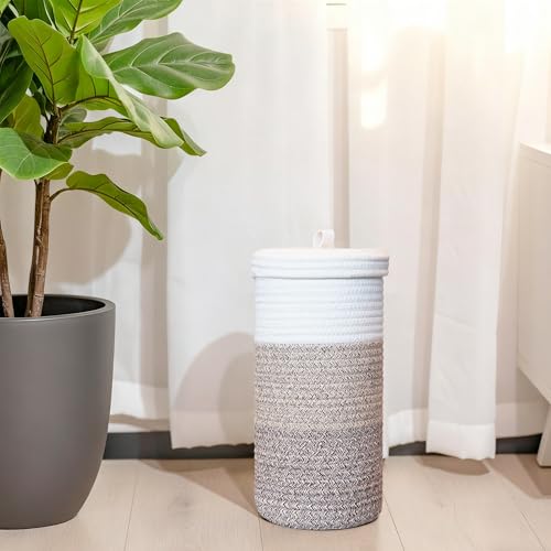Toilet Paper Holder Handmade – Woven Cotton Toilet Paper Stand & Storage Basket with Lid, Freestanding Organizer for Bathroom, Fits 3 Mega Rolls Gradient Brown 14'' x 7'' - color: Gradient Brown