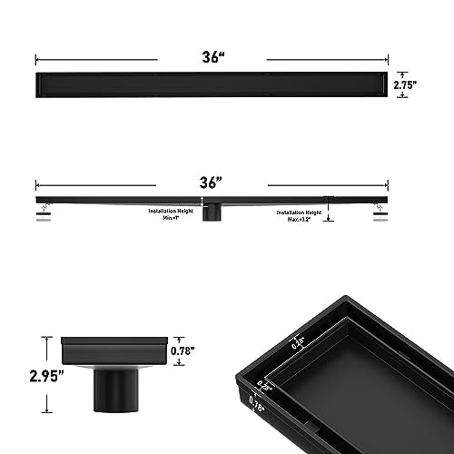 Linear Shower Drain 36" Matte Black 304 Stainless Steel | Fast Drainage | Tile Inserted | Stainless Floor Drain Grate | Hair Strainer | Drain Key | The Upgrade for Your Bathroom - size: 36 Inch