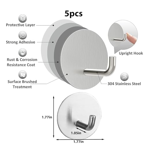 5 Pcs Adhesive Hooks Waterproof in Shower Hooks for Hanging Loofah, Towels, Clothes, Robes for Bathroom(Silver Round) - color: Silver Round
