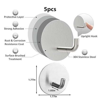 5 Pcs Adhesive Hooks Waterproof in Shower Hooks for Hanging Loofah, Towels, Clothes, Robes for Bathroom(Silver Round) - color: Silver Round