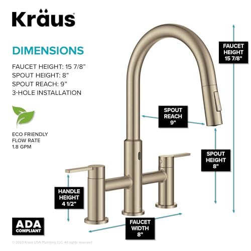 KRAUS Oletto Touchless Sensor Bridge Kitchen Faucet with Pull-Down Sprayhead in Spot-Free Antique Champagne Bronze, KSF-3122SFACB - color: Spot Free Antique Champagne Bronze, style: Bridge Touchless Faucet