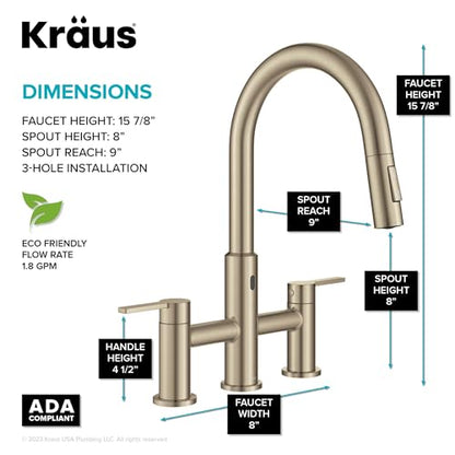 KRAUS Oletto Touchless Sensor Bridge Kitchen Faucet with Pull-Down Sprayhead in Spot-Free Antique Champagne Bronze, KSF-3122SFACB - color: Spot Free Antique Champagne Bronze, style: Bridge Touchless Faucet