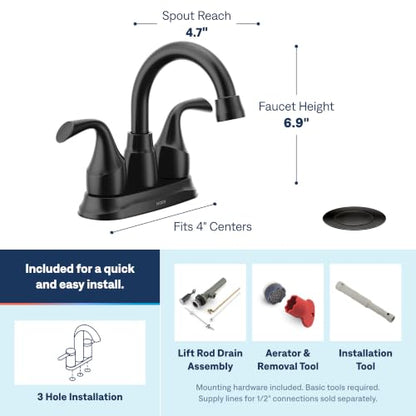 Moen Idora Matte Black Two-Handle Centerset Bathroom Sink Faucet with Drain Assembly, 84115BL - color: Matte Black, size: 4 Inch Centerset