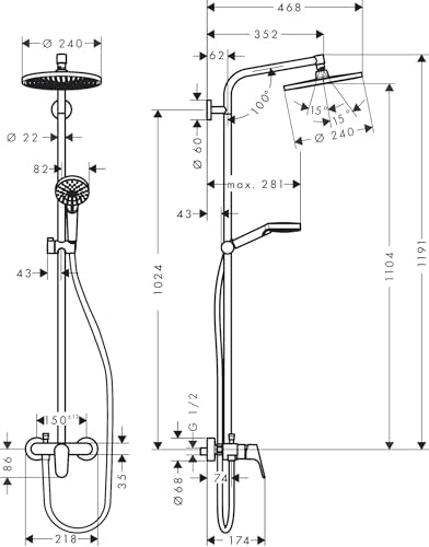 hansgrohe Crometta S Showerpipe 240 1jet with manual shower mixer - size: with mixer, style: 1 spray mode