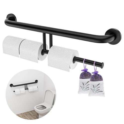 Matte Black Grab Bar with Double Toilet Paper Roll Holder | Safety Toilet Bars 24 Inch, Stainless Steel Handicap Support Bar, Wall Mounted Bathroom Grab Rail for Senior Elderly Injured - color: toilet paper grab bar - black, size: 24 Inch