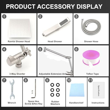 All Metal 10 Inch Rain Shower Head with Handheld Spray Combo, High Pressure Waterfall Rainfall Square Shower Heads with 16" Adjustable Extension Arm, Dual Showerhead with 3-Way Diverter,Brushed Nickel - color: Brushed Nickel, size: 10 Inch