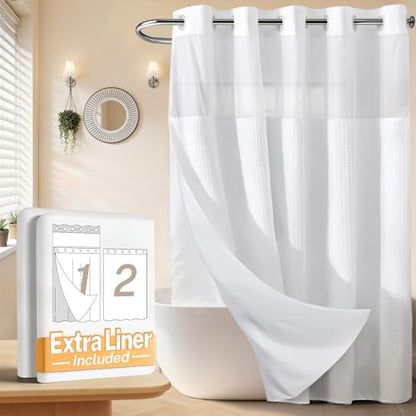 River Dream No Hooks Shower Curtain with 2 Snap in Liner, White, 71Wx74H | Waffle Weave, 1 Attached Snap in Liner and 1 Extra Replacement Liner, Bathroom Curtains Shower Set, Hotel Grade, Spa Like - color: White
