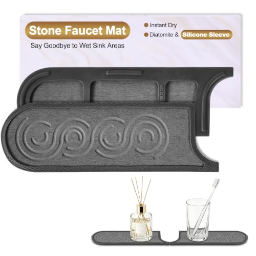 Faucet Mat for Kitchen Sink with Airflow Silicone Sleeve, Instant-Dry Diatomaceous Stone Sink Protector Tray Around Faucet for Kitchen, Bathroom, RV (Black Wave, 23.2" x 3.9" x 0.47") - color: Grey Wave - Dark Grey Silicone Edge