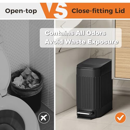 TrashAid Small Black Bathroom Trash Can with Lid Soft Close & Pedal, 1.6Gal | Removable Inner Bucket, Stainless Steel Garbage Can, Slim Wastebasket for Toilet/Office/Bedroom, Retro Design, Odor Control - color: Black
