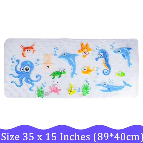 Cute Cartoon Non-Slip Bath Mat for Tub - Anti-Slip Kids Bathtub Mat, Slip-Resistant Shower Mat for Bathroom Safety, 35 X 15.3 Inch, Easy to Clean (Blue Ocean) - color: Blue Ocean
