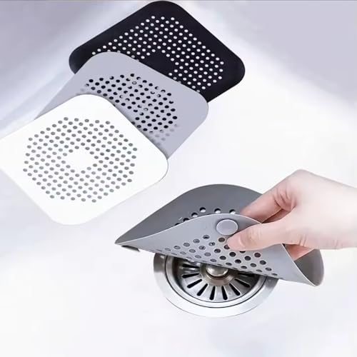 Black Silicone Square Drain Cover Hair Catcher with Suction Cup, Shower Floor Strainer Hair Stopper - color: Black