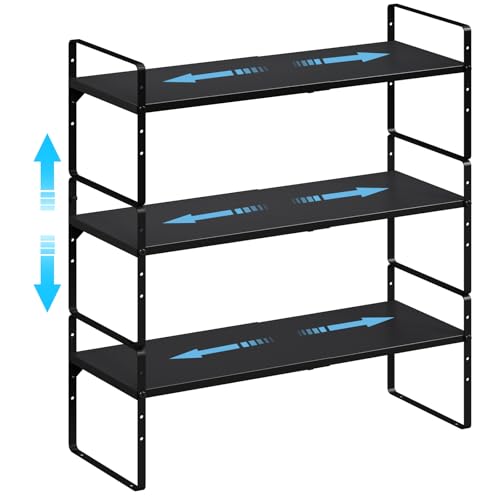 15.5 to 25.5 Inch Kitchen Cabinet Shelf Organizers, Adjustable Kitchen Counter Shelf Organizer, Set of 3 Expandable Countertop Storage Shelves, Stackable Design, 30LBS Heavy Duty, Space Saver - color: Black, size: 3 Pack:15.5"-25.5"Long