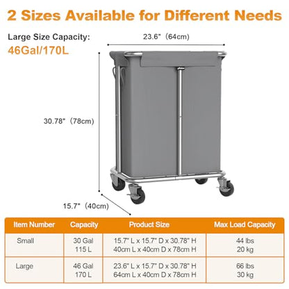 Hodonas Laundry Basket with Wheels, Rolling Laundry Hamper, 46 Gallons (170L), Removable and Machine Washable Liner, Steel Frame, Large Laundry Cart for Laundry Room, Bedroom, Bathroom, Dorm - Grey - color: Gray