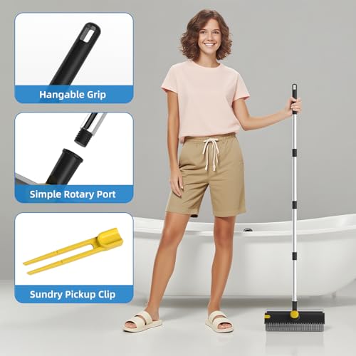 Floor Scrub Brush with Long Handle, 3 in 1 Scrape and Heavy-Duty Stiff Bristle Floor Scrubber Brush Broom with Squeegee and Tweezer for Cleaning Black - color: Black