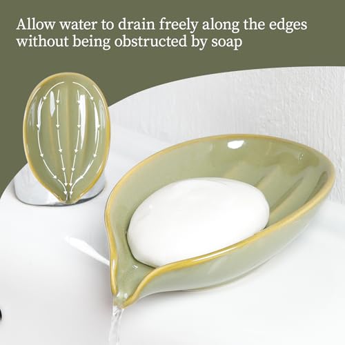 Soap Holder, Self-Draining Soap Dish, Leaf Shape Ceramic Green Bar Soap Holder Drain Soap Dishes for Bathroom Sink Kitchen, Easy to Clean Keeps Soap Dry, ANTIS'S HOME - color: Green-1pcs