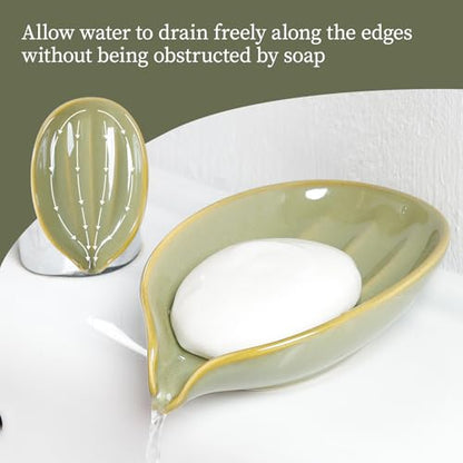 Soap Holder, Self-Draining Soap Dish, Leaf Shape Ceramic Green Bar Soap Holder Drain Soap Dishes for Bathroom Sink Kitchen, Easy to Clean Keeps Soap Dry, ANTIS'S HOME - color: Green-1pcs