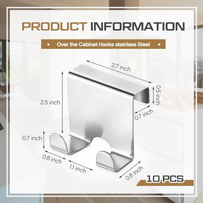 Hicarer 10 Pcs Over Cabinet Door Hooks, Stainless Steel Kitchen Cabinet Drawer Hooks for Towel, Coat, Robe Seamless No Drill Z-Shape Design for Door, Bathroom, Office Organization