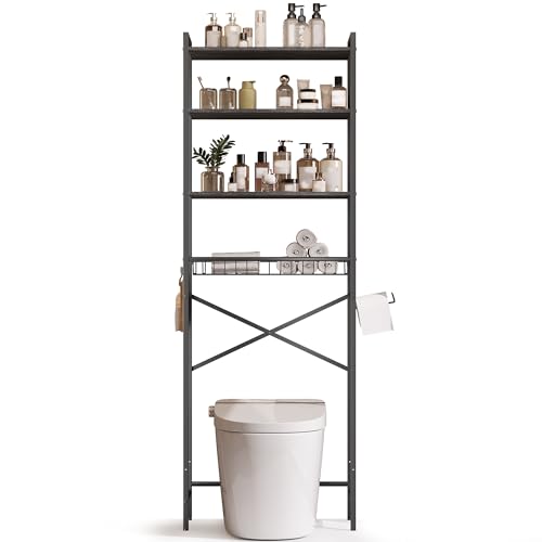 Gizoon Over-The-Toilet Storage Rack with Adjustable Shelf and Basket, 4-Tier Freestanding Space Saver Bathroom Shelves Above Toilet for Room - color: Dark Brown