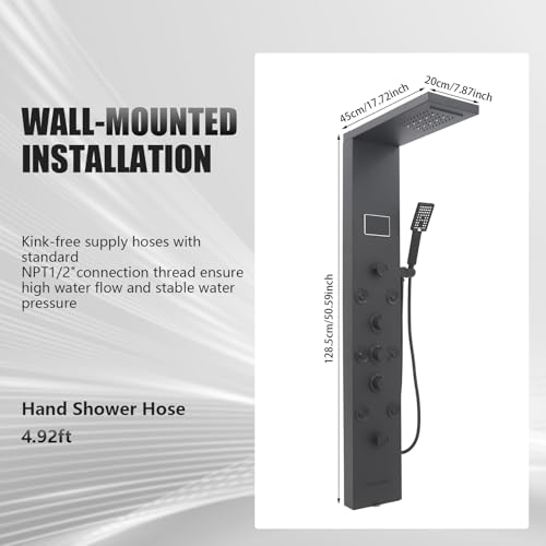 6-in-1 LED Shower Panel Tower System with 8 Adjustable Body Jets, Rainfall & Waterfall Shower, Smart Temperature Display, 59" Hose, Brushed Gold Stainless Steel, Wall Mounted (Black) - color: Black